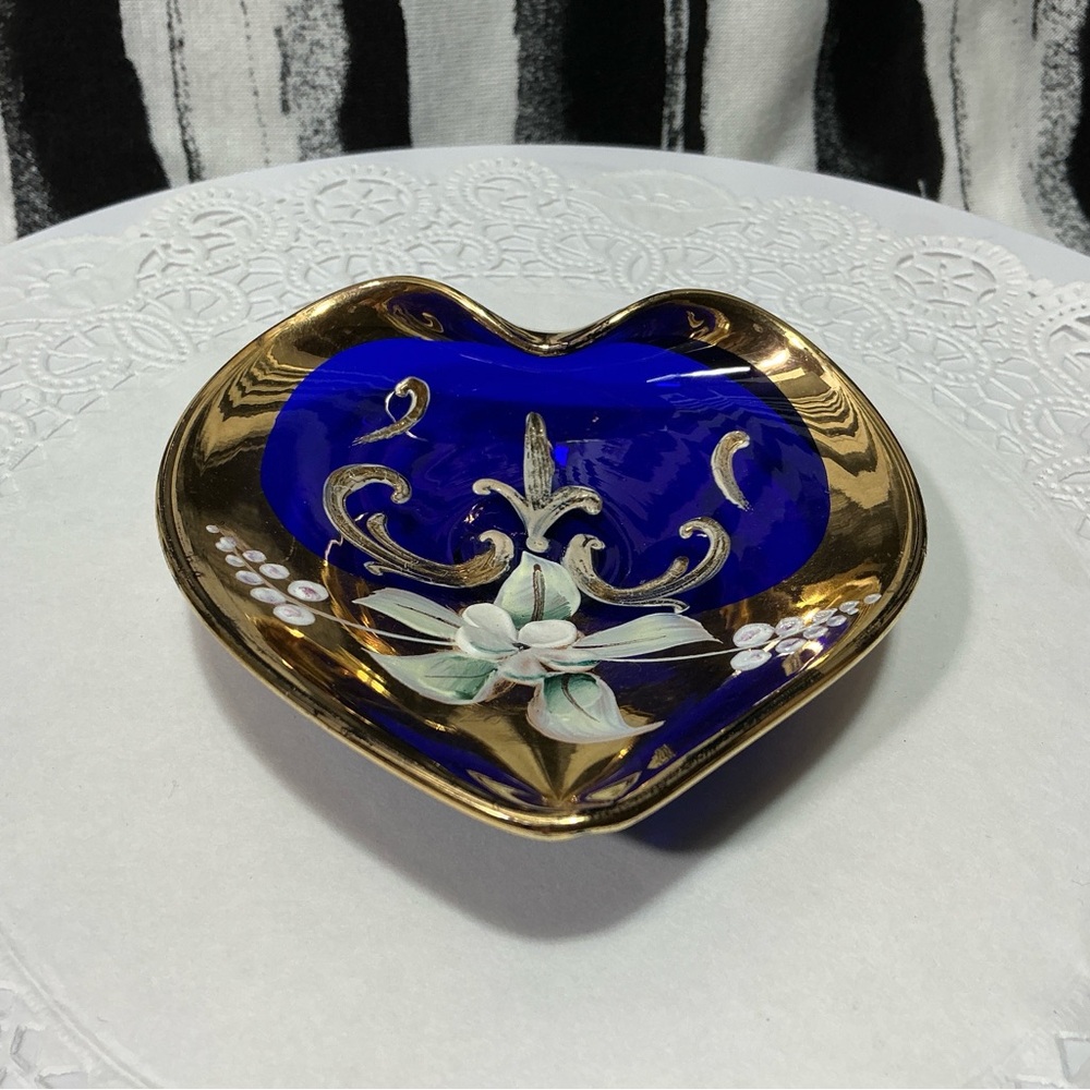 Vintage Murano Glass Trinket Dish Blue Hand Painted Gold Leaf Flowers